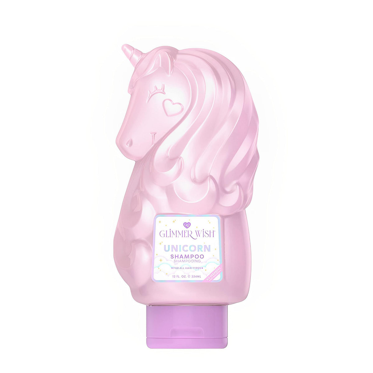 Champú Glimmer Wish Unicornio: botella rosa para cabello suave y brillante.