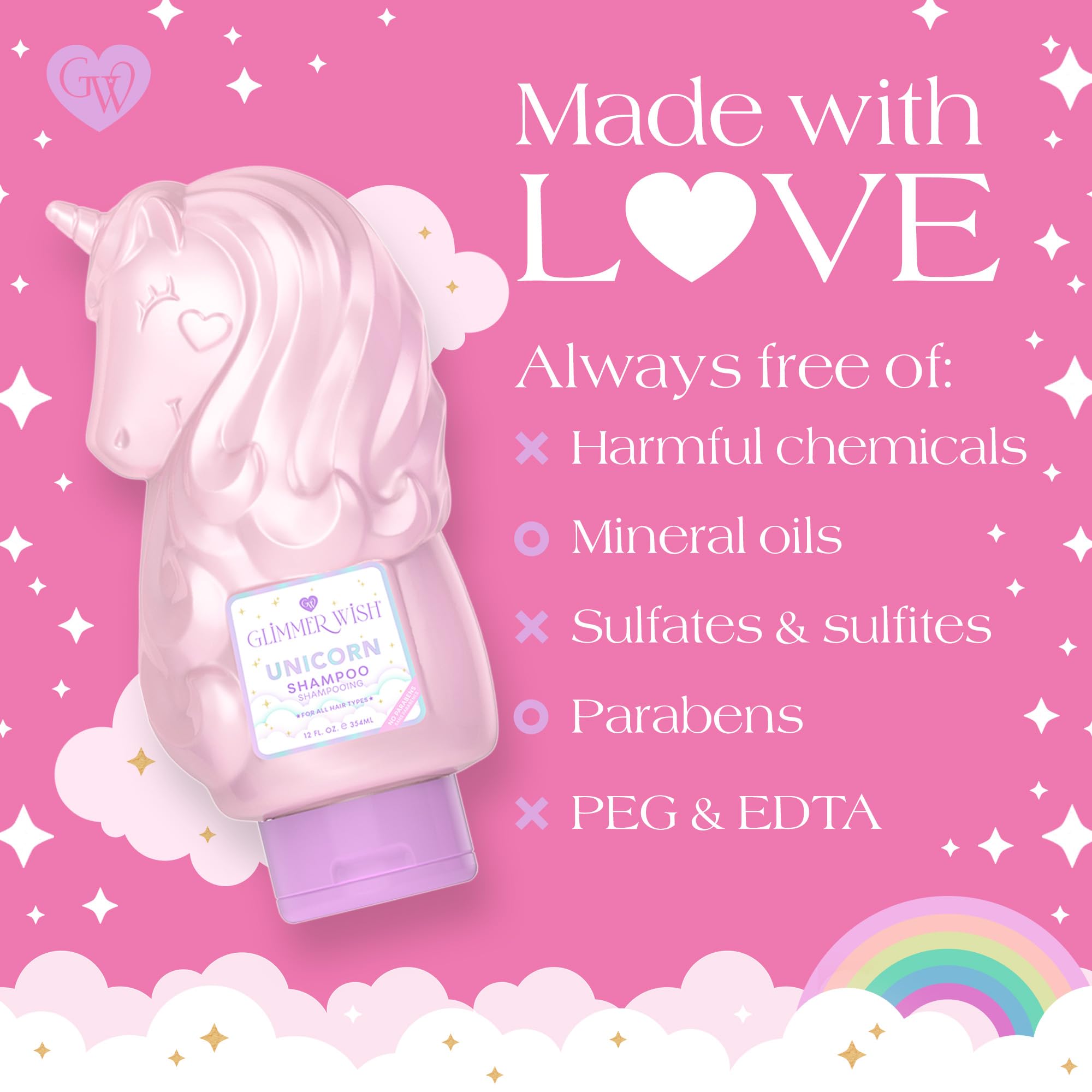 Champú Glimmer Wish Unicornio: desenredo suave que facilita peinar.