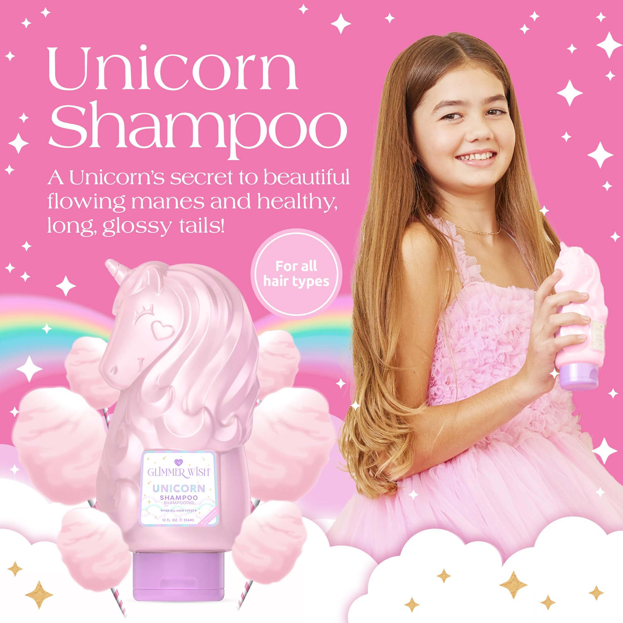 Champú Glimmer Wish Unicornio: espuma rosada que limpia sin resecar.