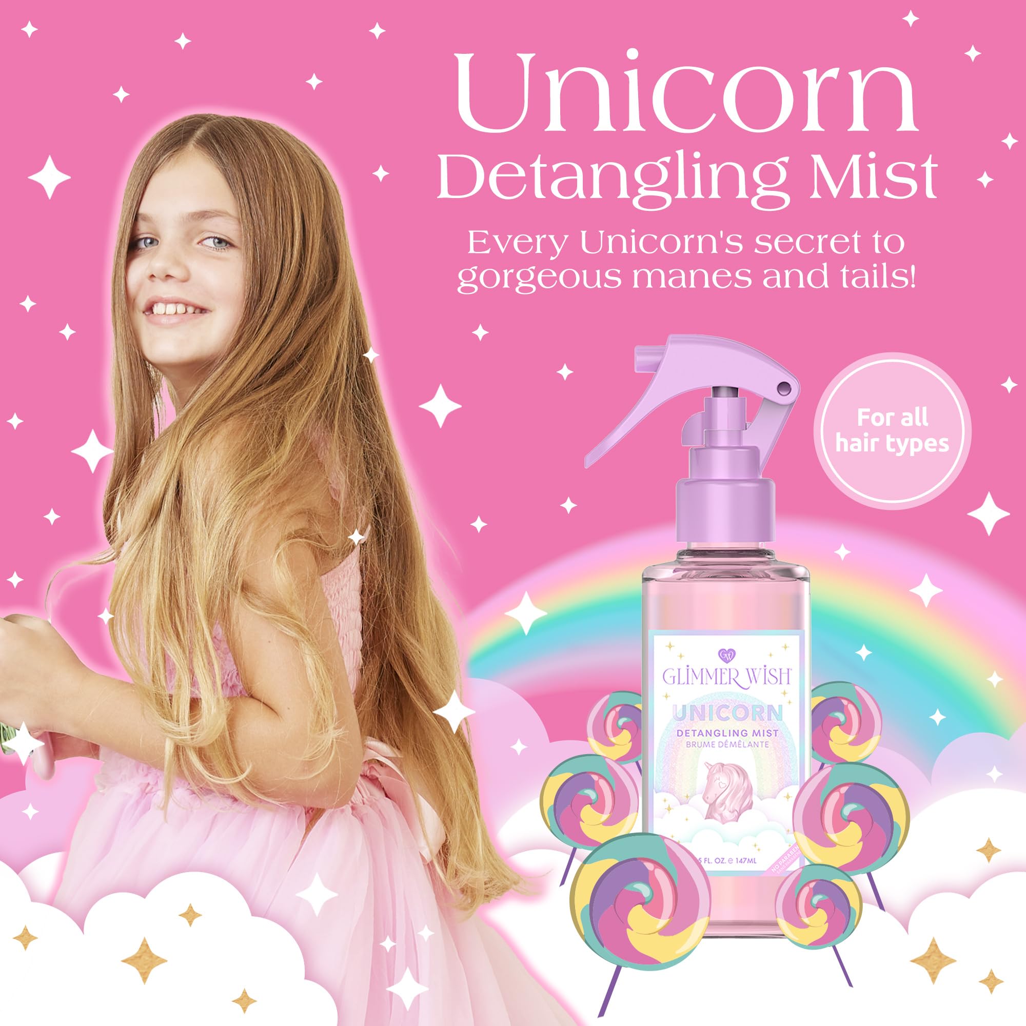 Glimmer Wish: niña aplicando el desenredante para un peinado rápido.