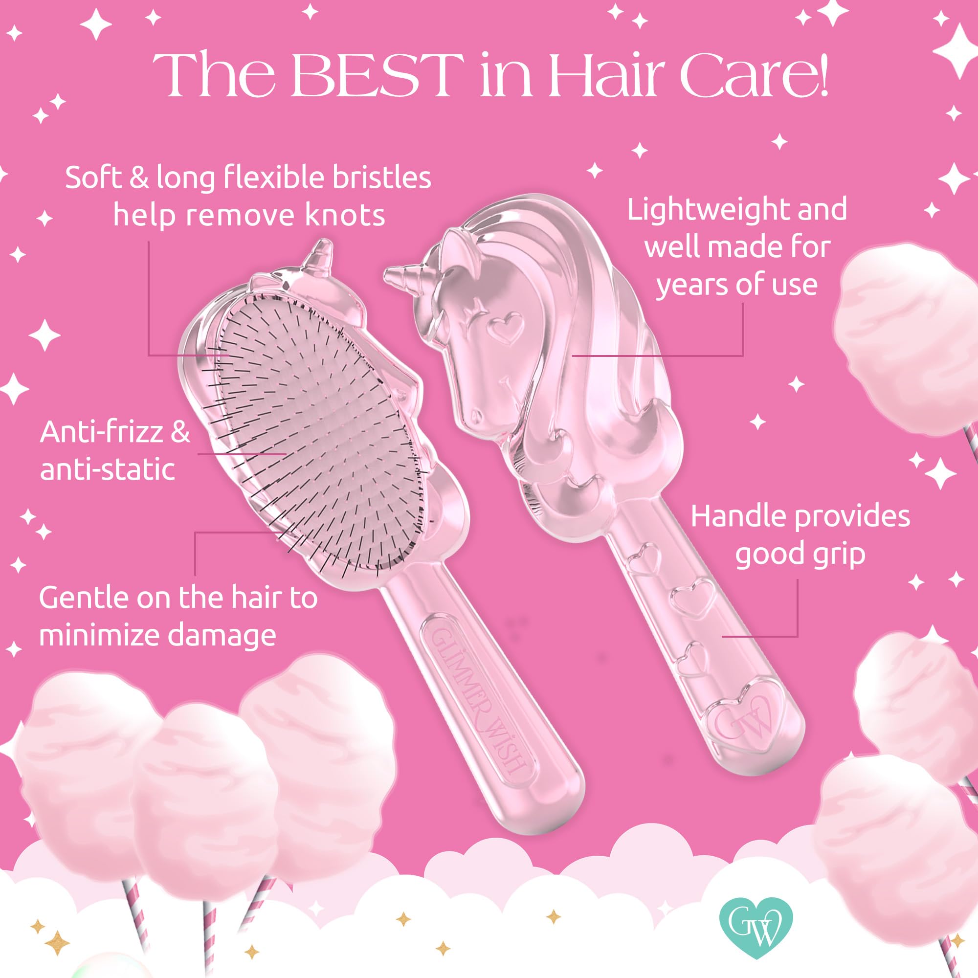 Glimmer Wish unicorn detangler brush reduces frizz and static for smoother styles.