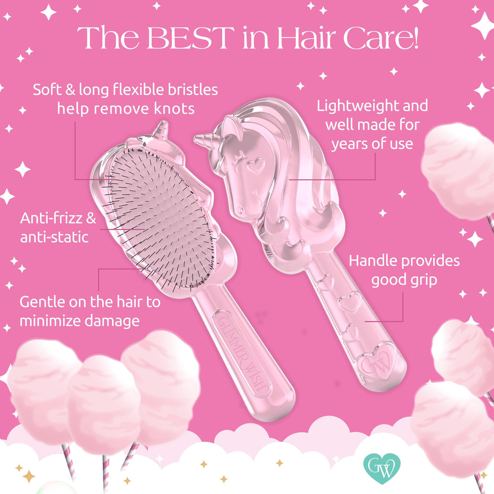 Glimmer Wish unicorn detangler brush reduces frizz and static for smoother styles.