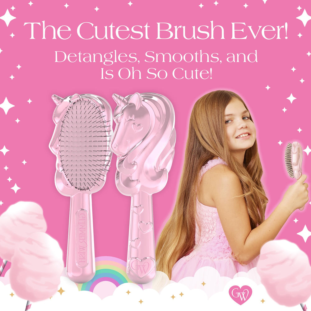 Glimmer Wish unicorn detangler brush safe for delicate scalps and gentle brushing.