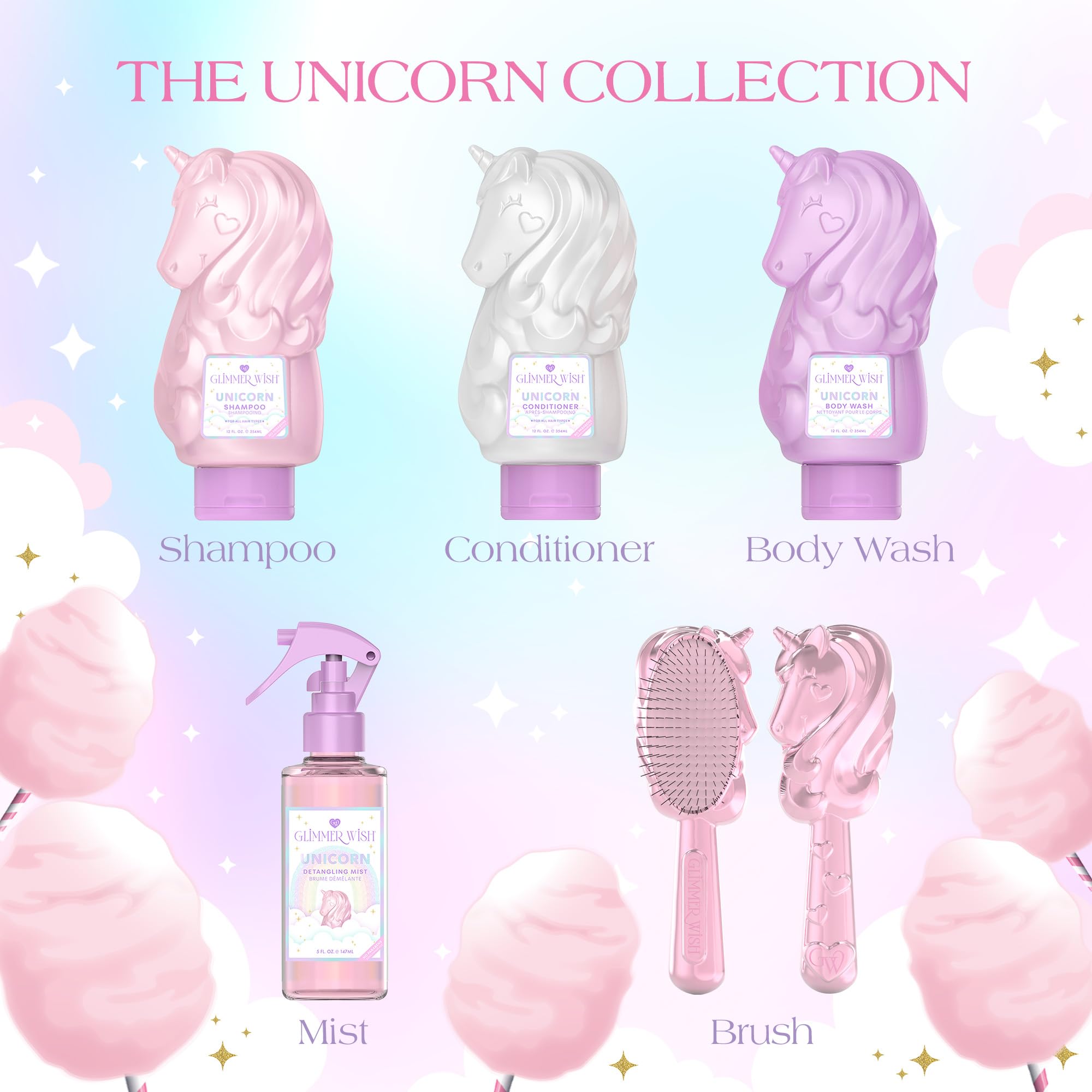 Glimmer Wish unicorn detangler brush with pastel pink handle for kids.