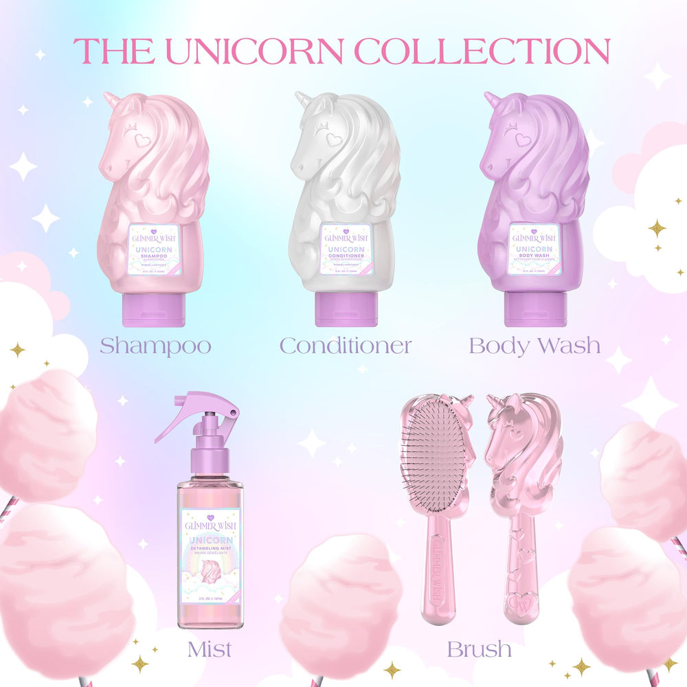 Glimmer Wish unicorn detangler brush with pastel pink handle for kids.