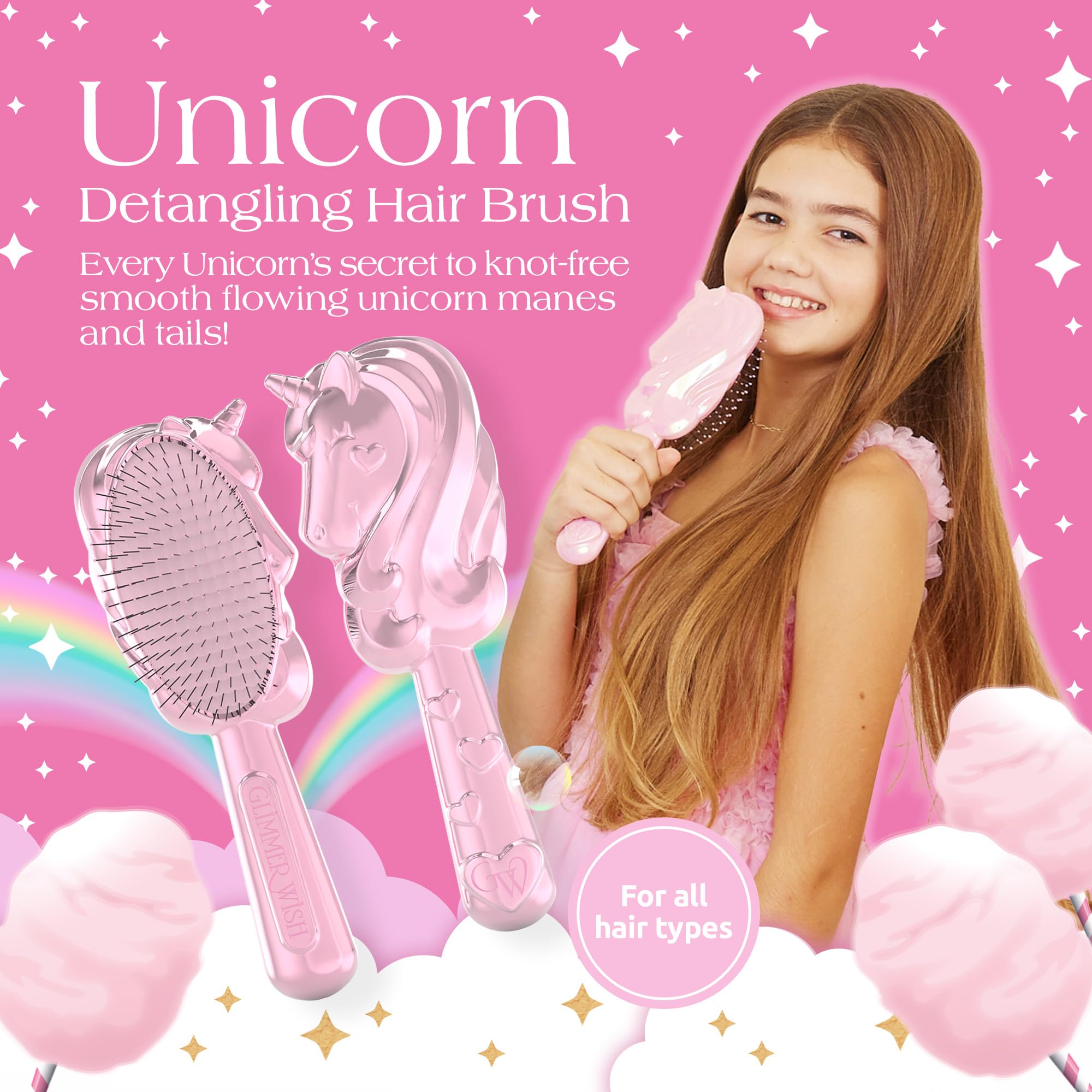 Glimmer Wish unicorn detangler brush soft bristles ease brushing for sensitive scalps.