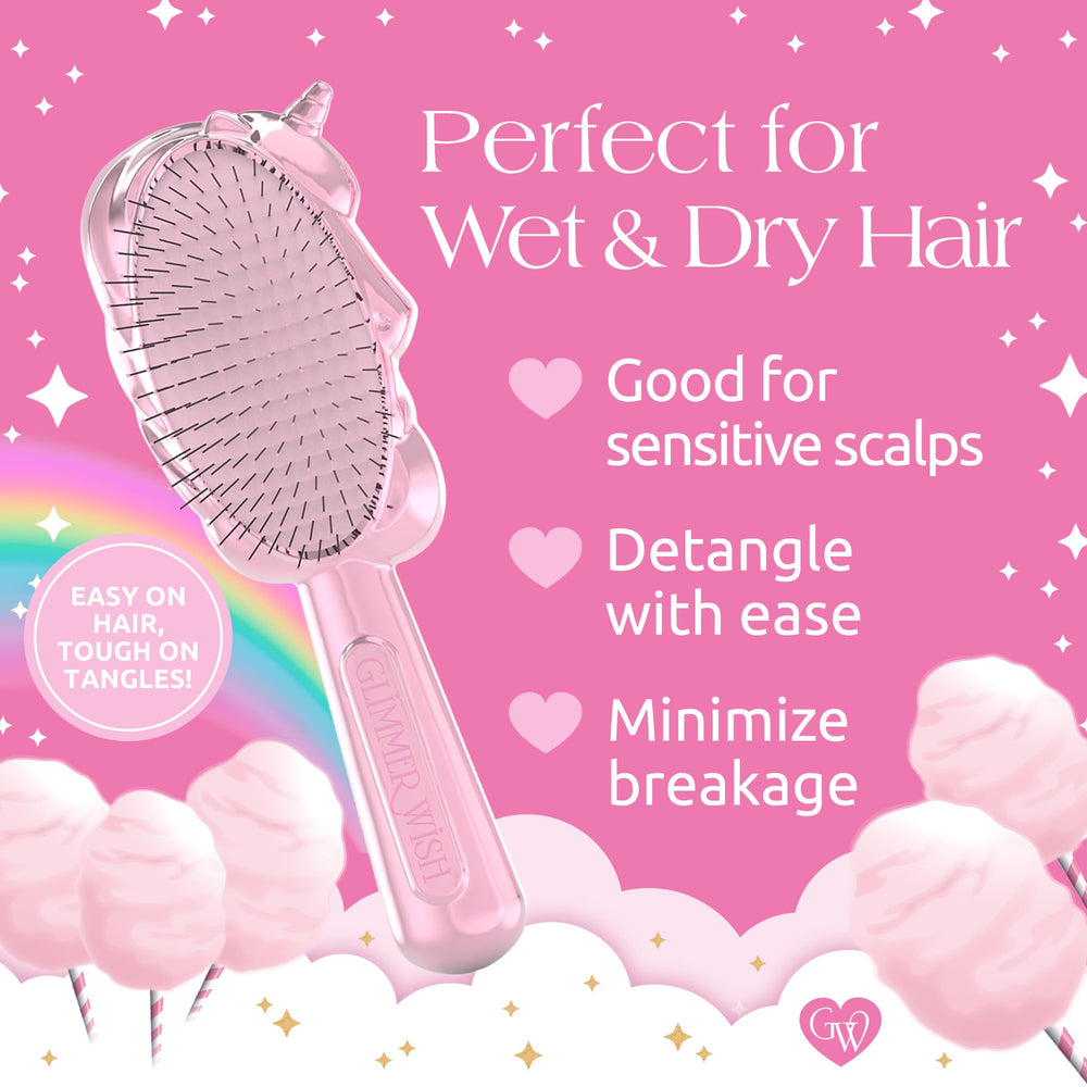 Glimmer Wish unicorn detangler brush works on wet and dry hair gently.