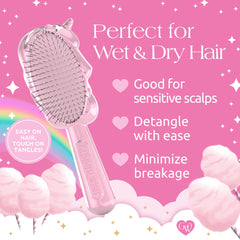 Glimmer Wish unicorn detangler brush works on wet and dry hair gently.