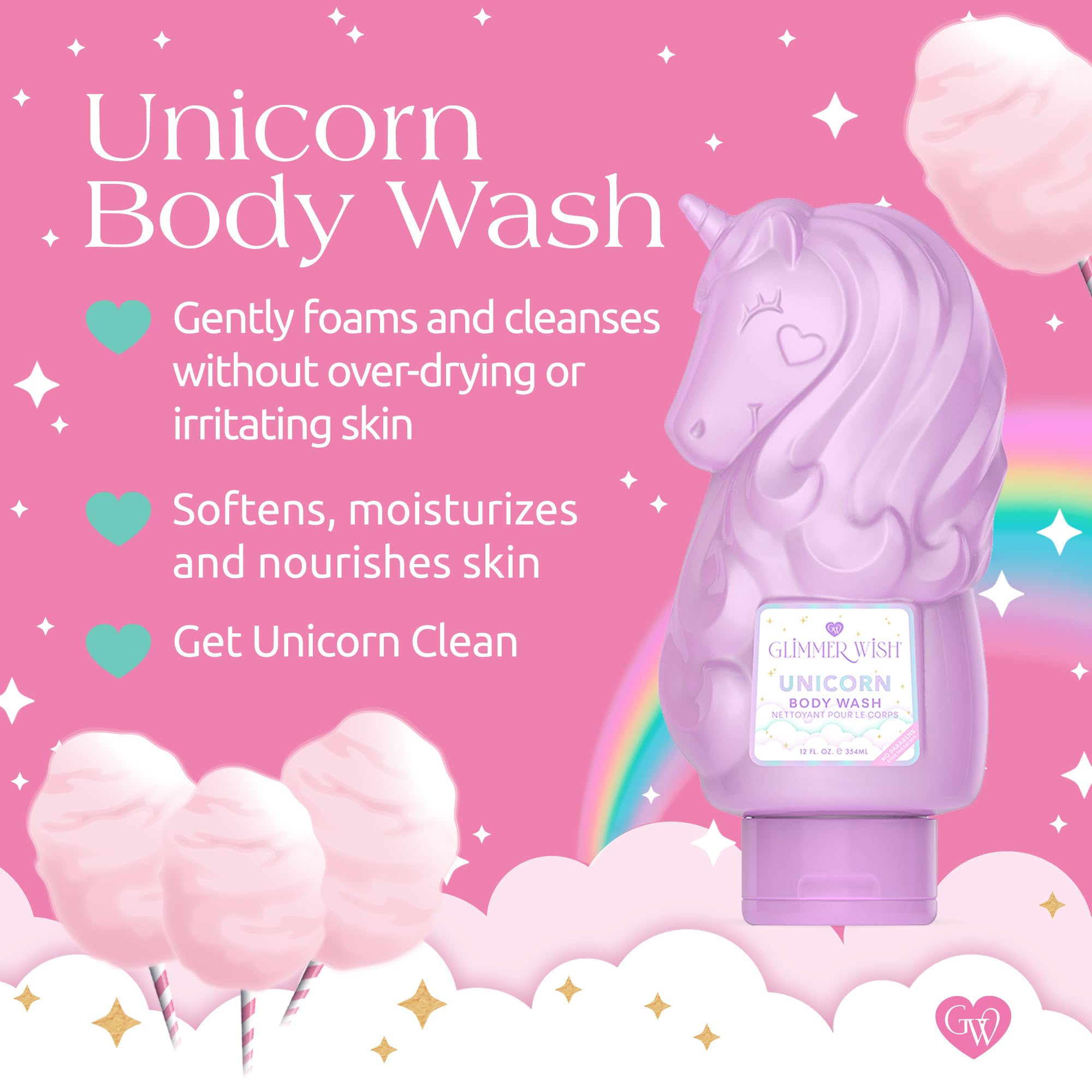 Glimmer Wish gel para niños con aroma a vainilla y algodón de azúcar.