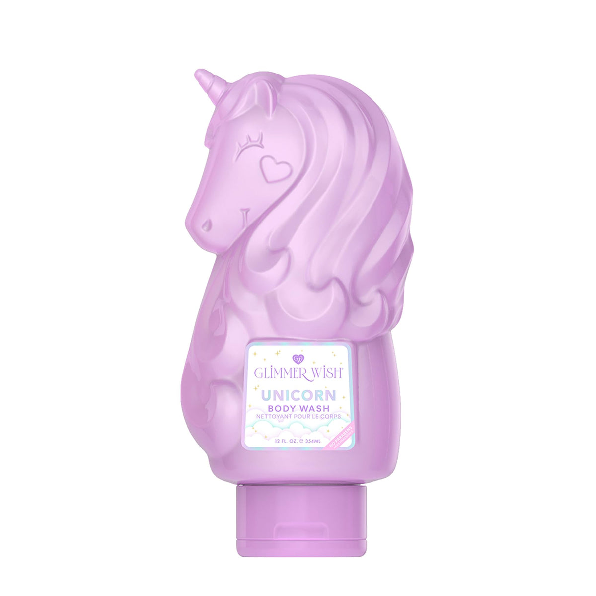 Glimmer Wish gel para niños: botella unicornio lavanda, ideal para baño suave.