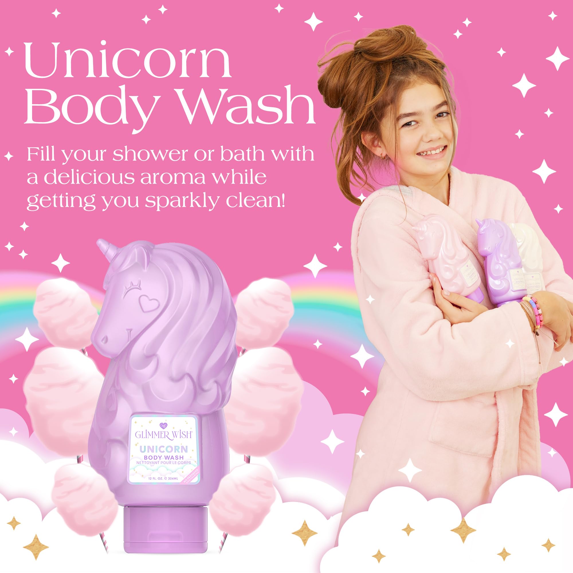 Glimmer Wish gel para niños con espuma suave para limpiar la piel.