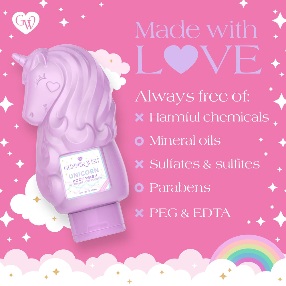 Glimmer Wish gel para niños con fórmula vegana y sin sulfatos.