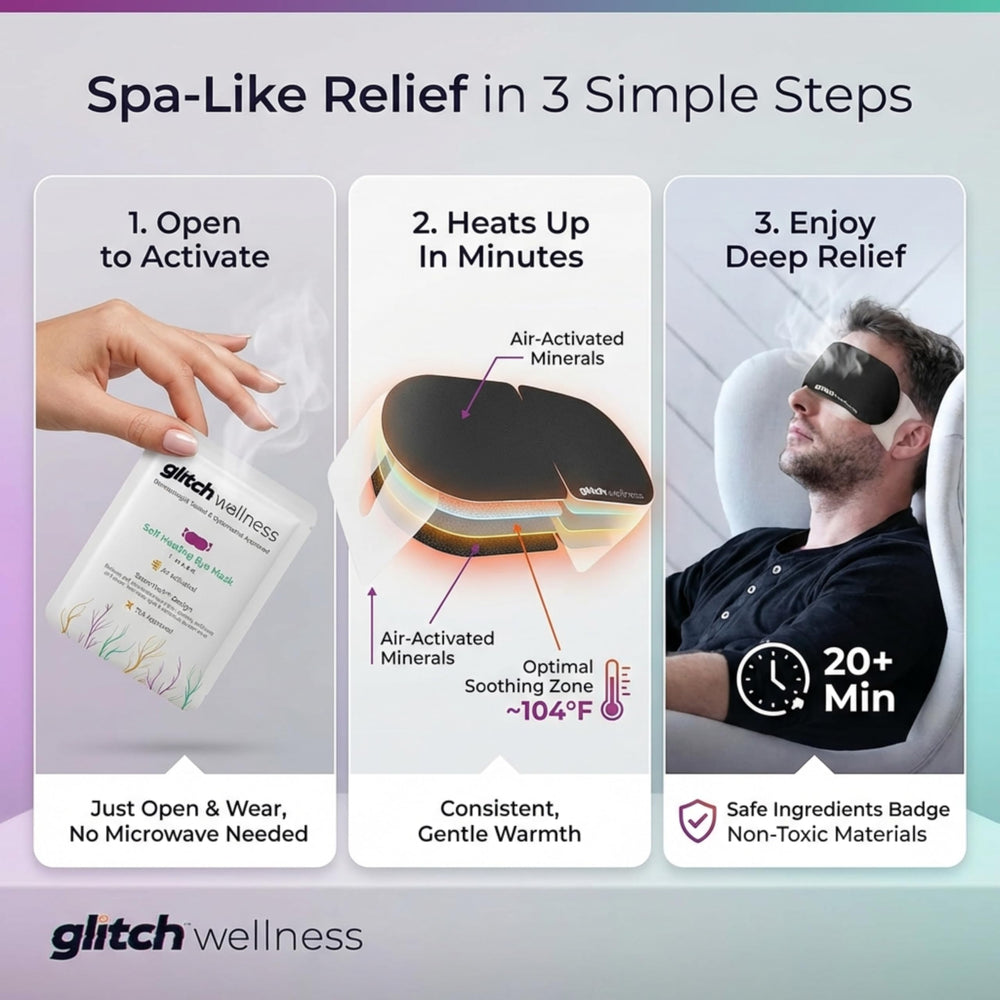 Glitch Self-Heating Eye Mask activates warmth without extra heat.