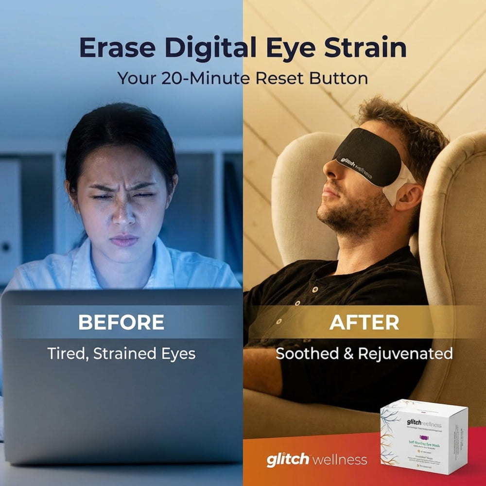 Glitch SteamTech Eye Mask alleviates dryness and screen fatigue during use.