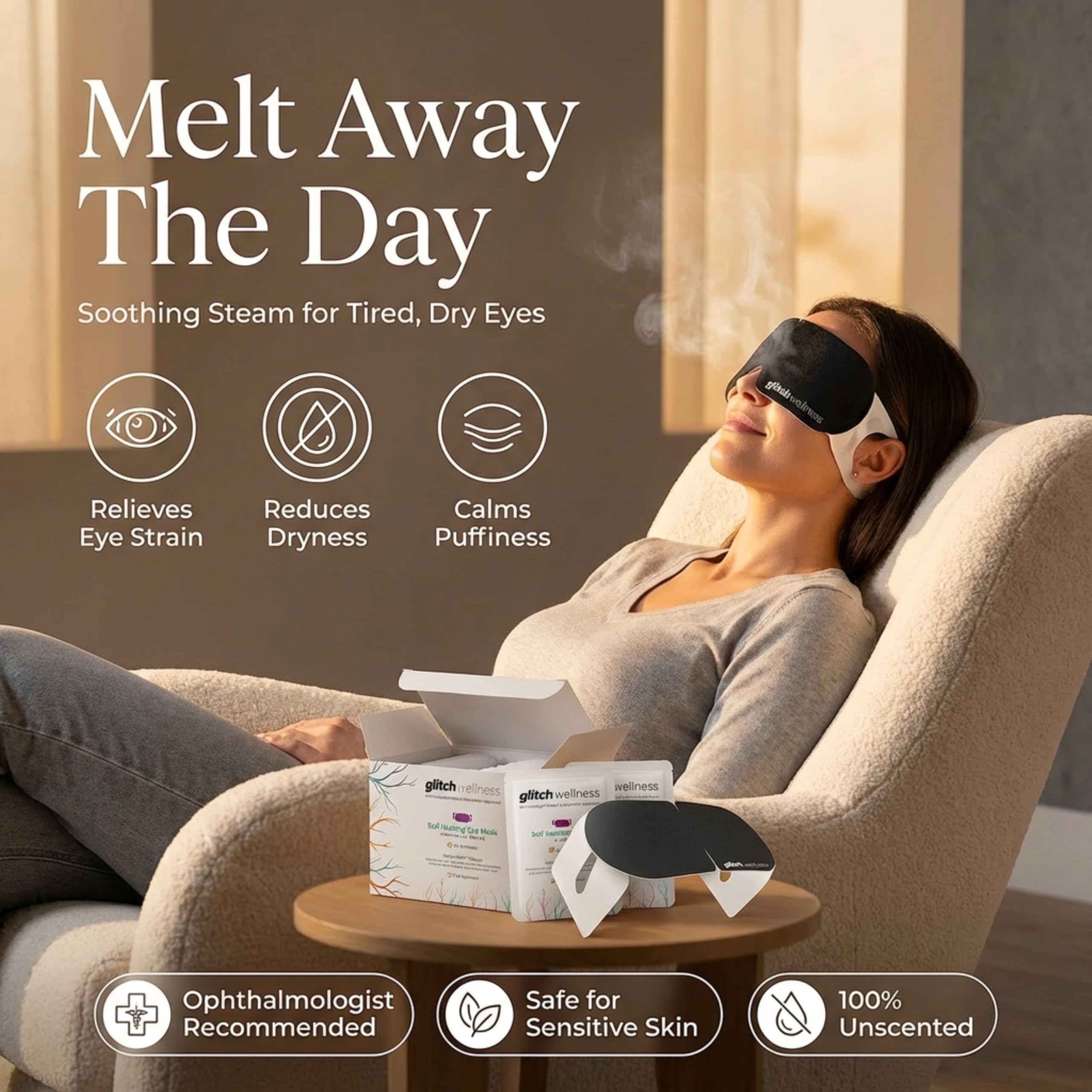 Glitch SteamTech Eye Mask worn over the eyes delivering warm relief.