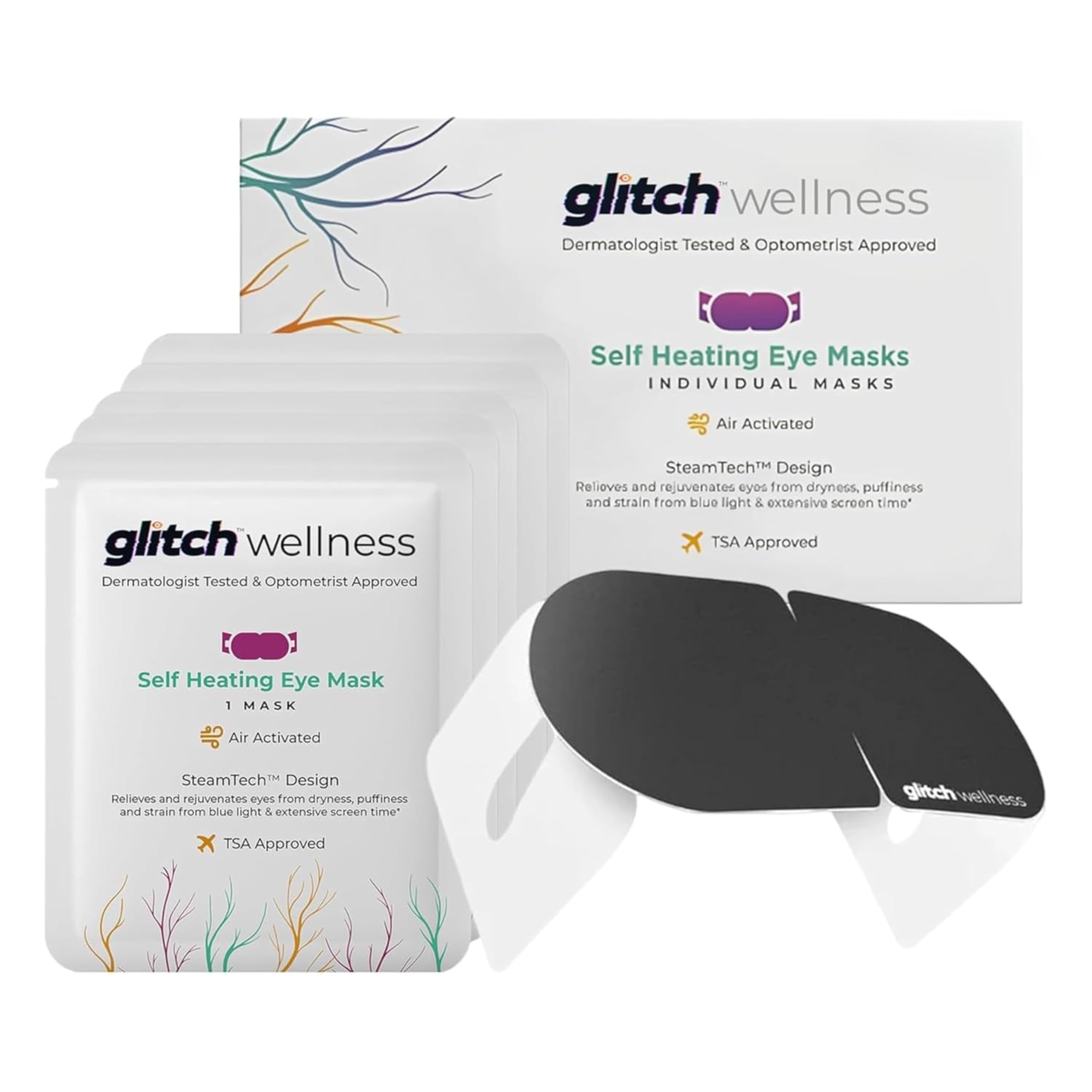 Glitch SteamTech Eye Mask in packaging, ready for travel.