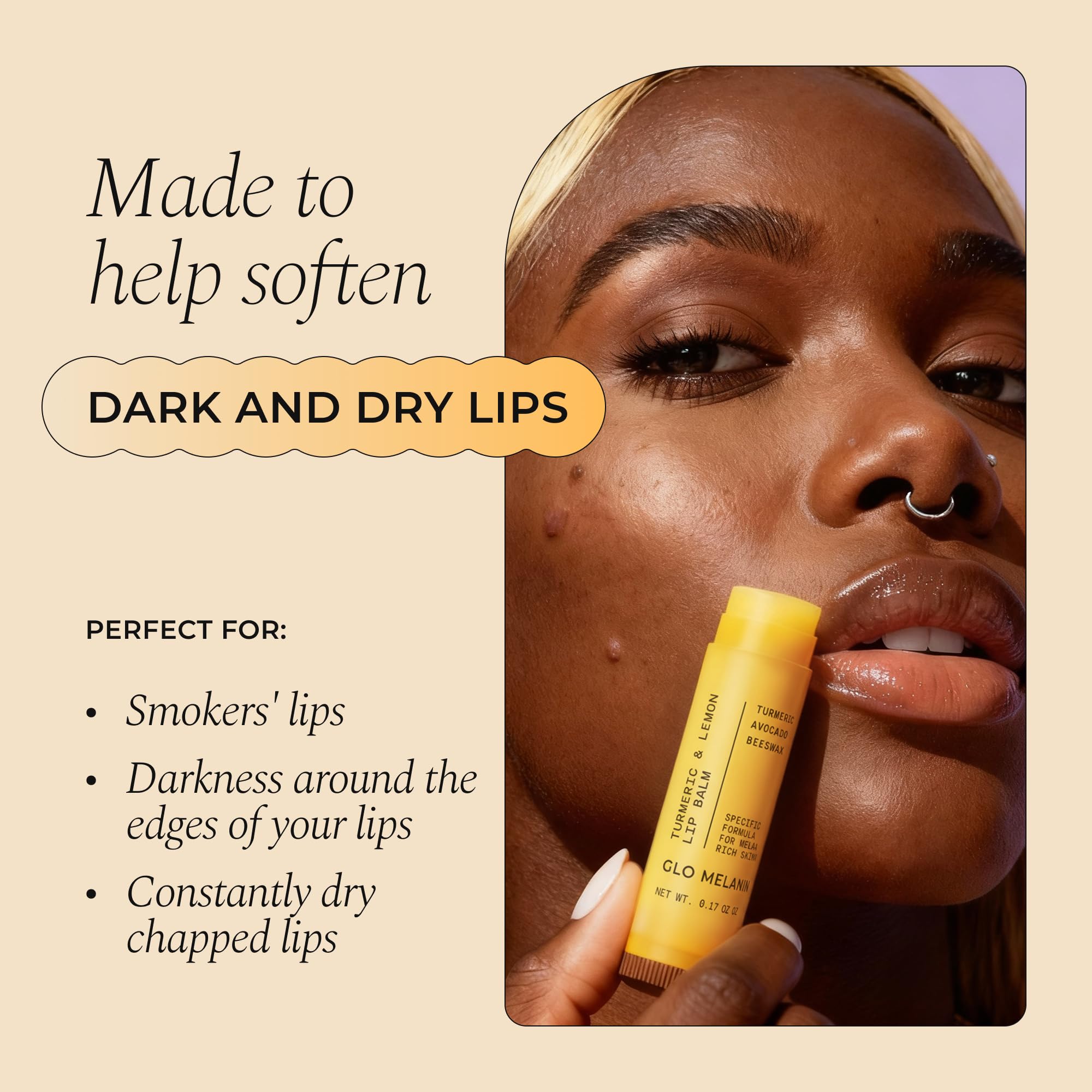 Textura cremosa de Glo Melanin para hidratar labios con efecto suave.