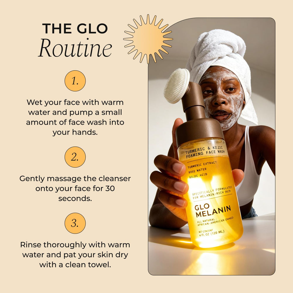 Glo Melanin cleanser with vitamin C and kojic acid supports even tone use.