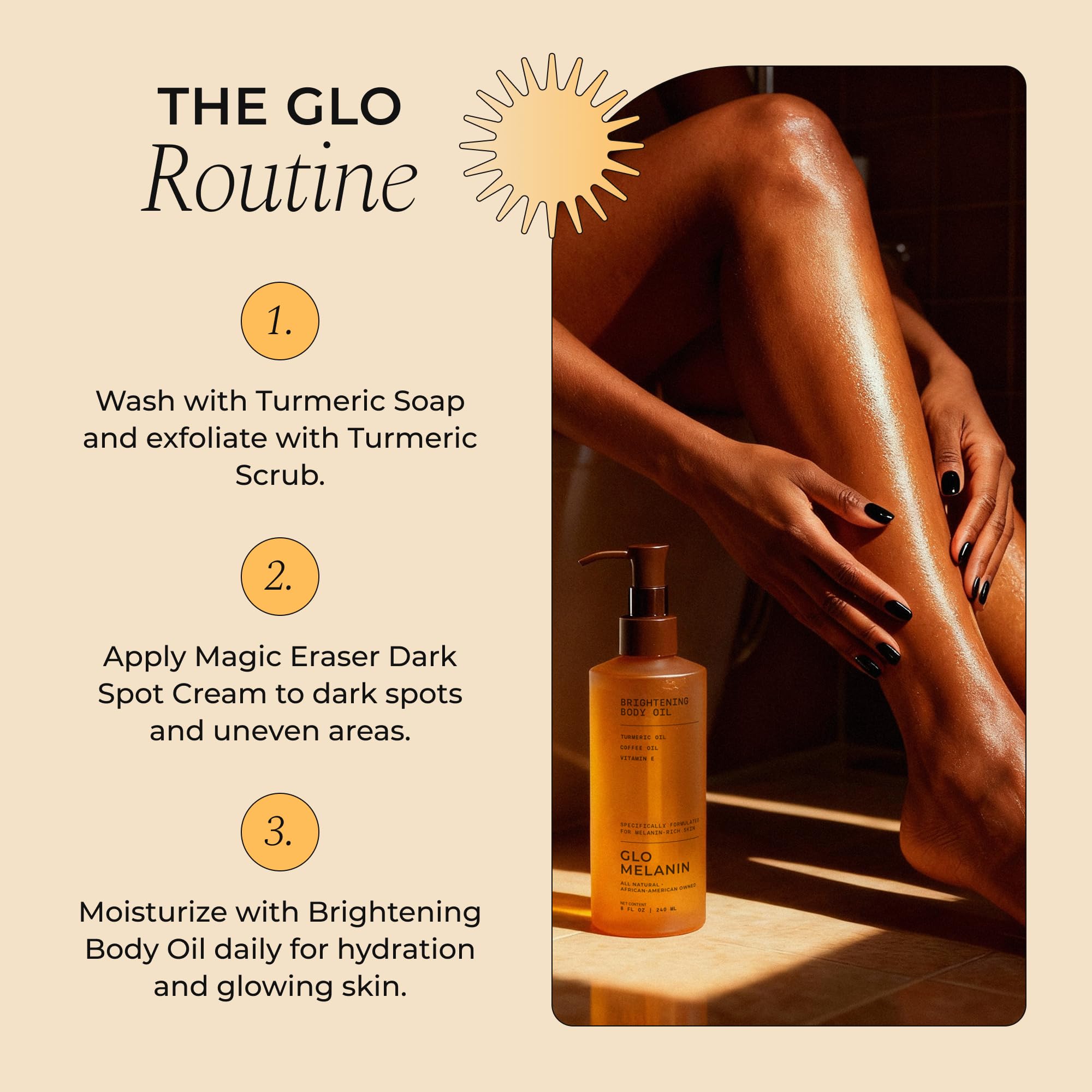 Glo Melanin Brightening Body Oil fits into daily routines for radiant-looking skin.