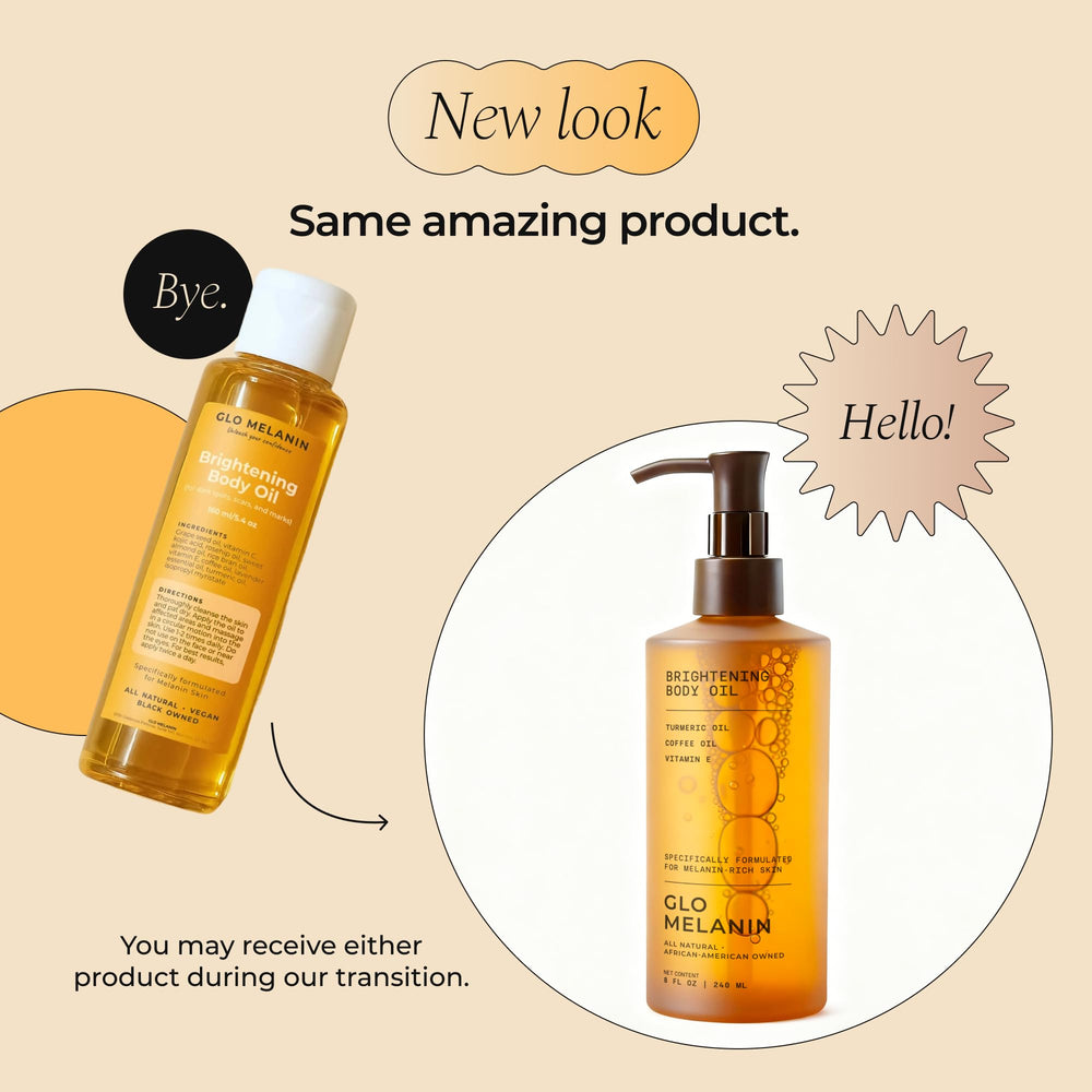 Glo Melanin Brightening Body Oil packaging emphasizes clean, plant-based skincare.