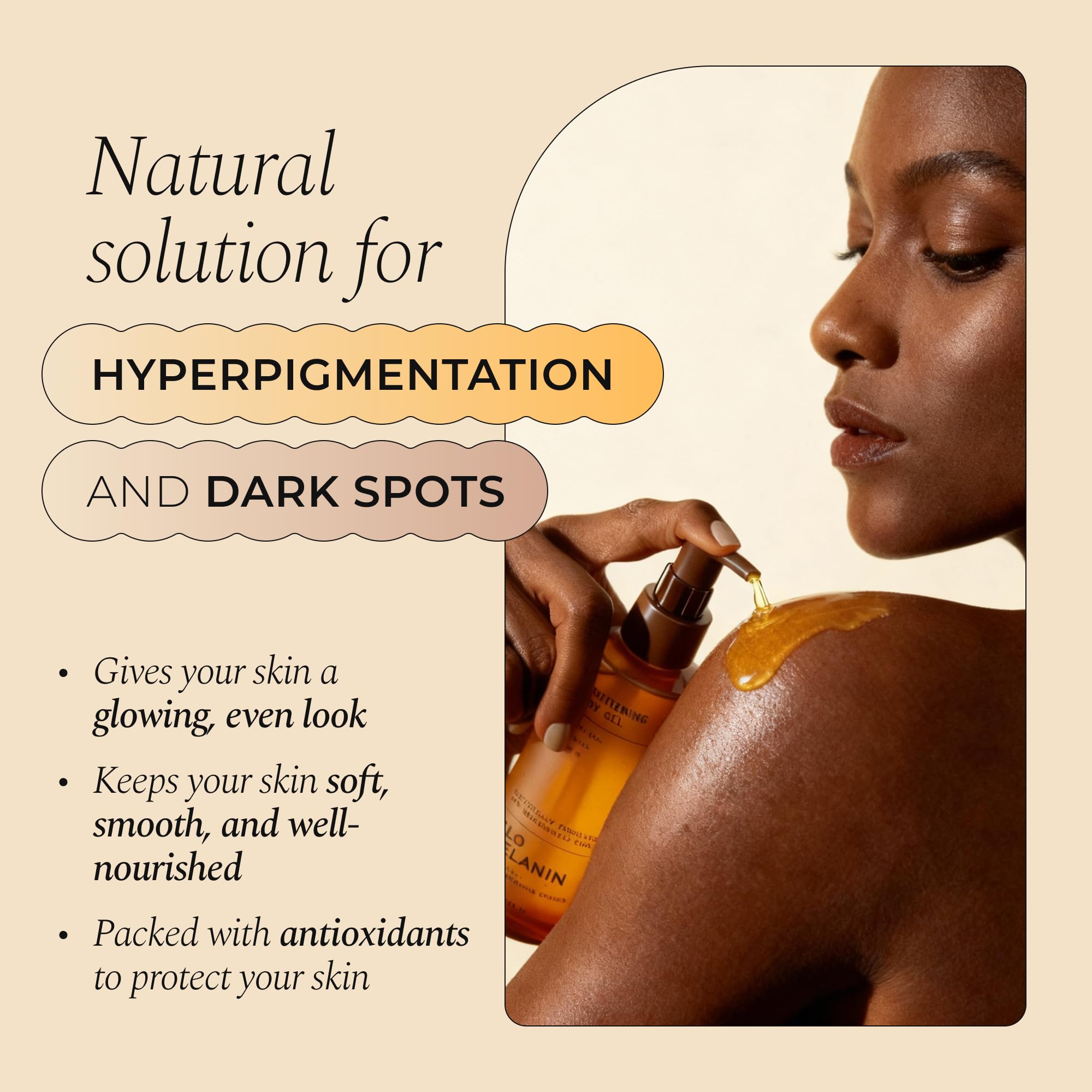 Glo Melanin Brightening Body Oil pour shows a light texture for daily use.