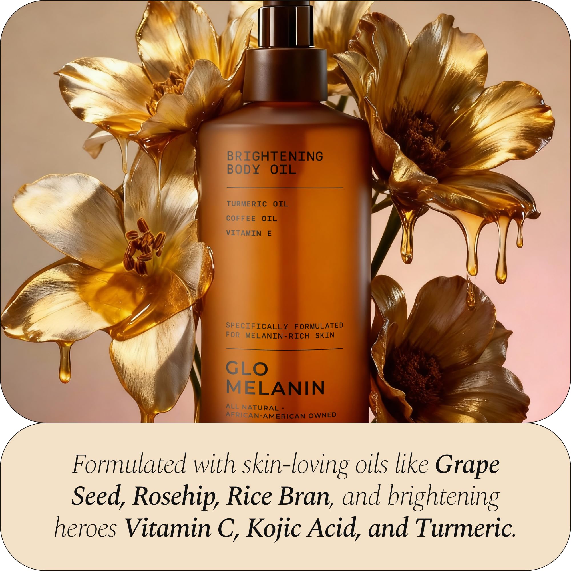 Glo Melanin Brightening Body Oil texture close-up reveals a light finish.