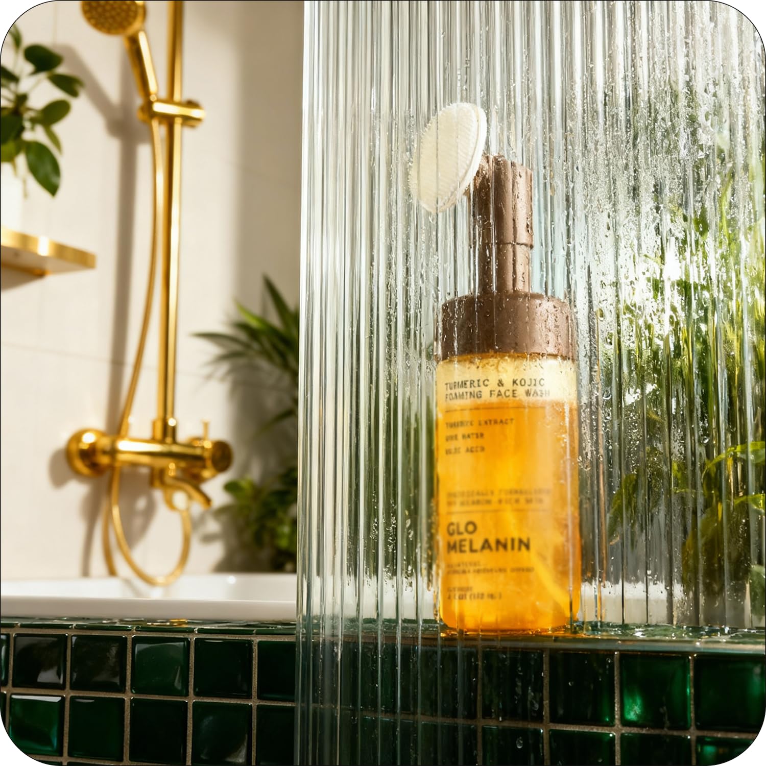 Glo Melanin bottle framed with rose-water glow for soothing cleansing.
