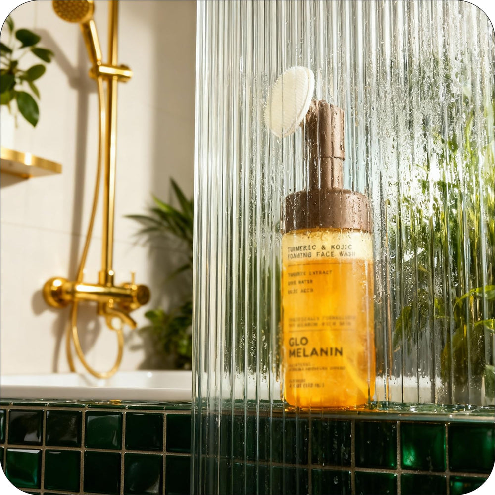 Glo Melanin bottle framed with rose-water glow for soothing cleansing.