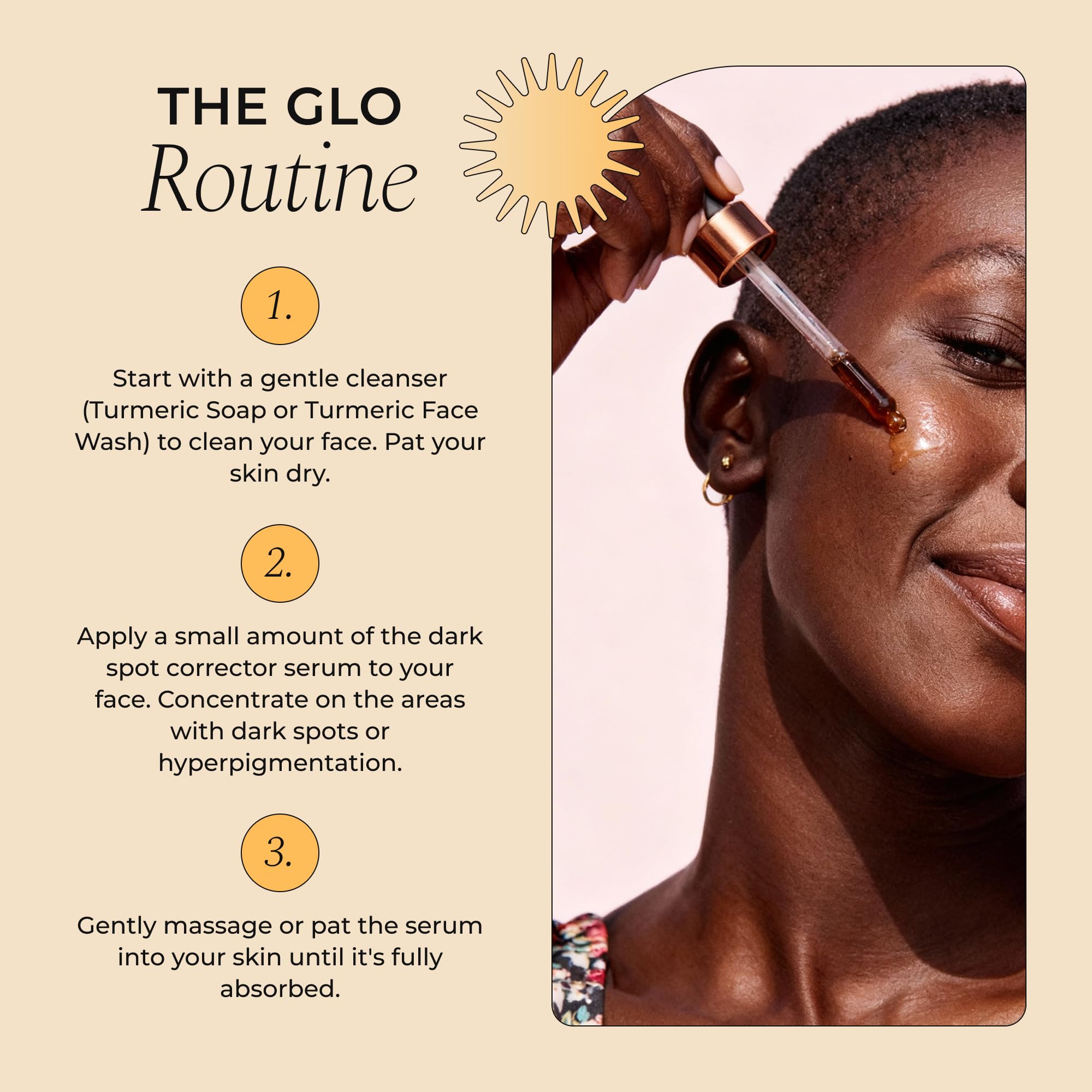 Glo Melanin product with ingredients graphic conveys multi-action brightening approach.