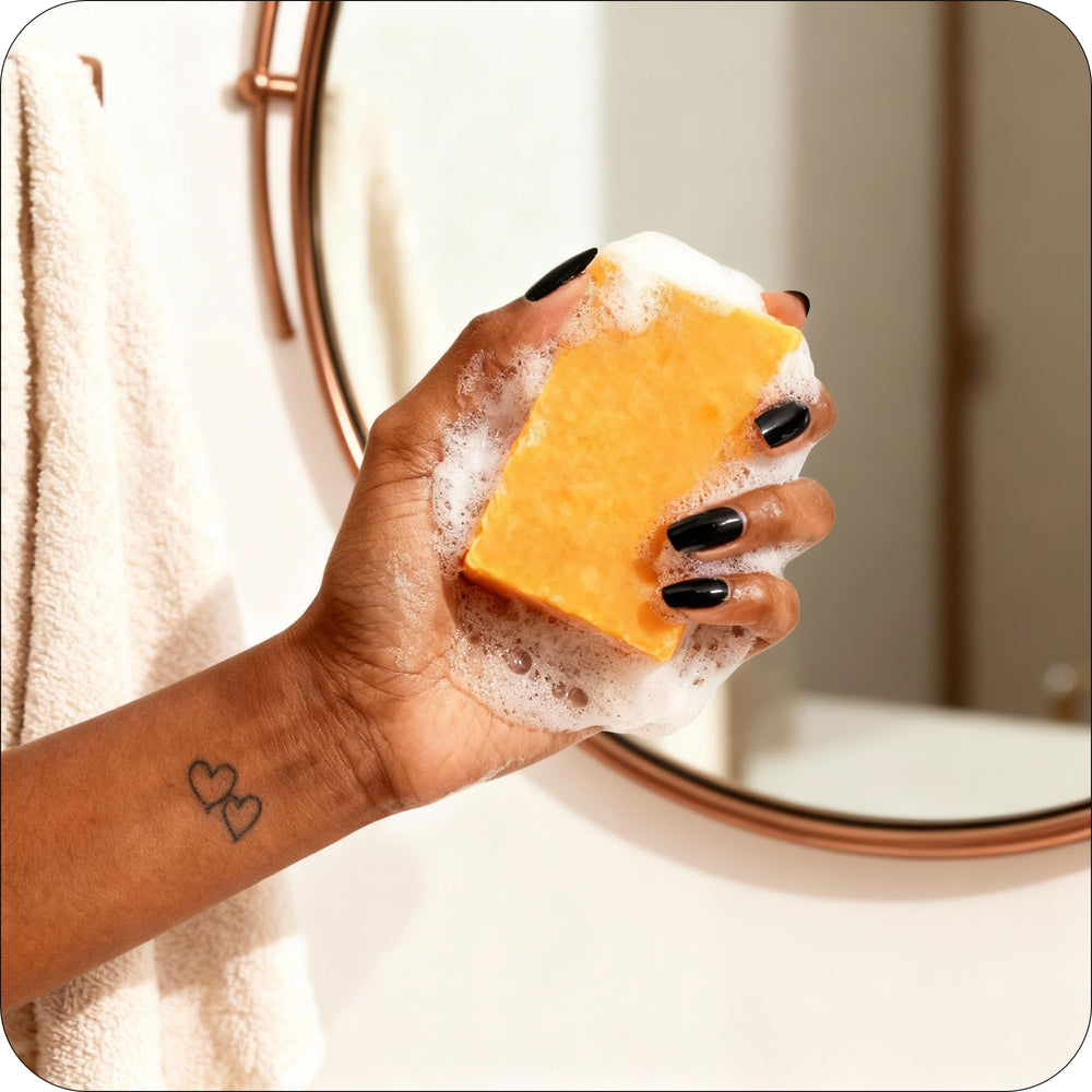 Glo Melanin jabón vegano sin parabenos ni sulfatos, cuidado ético de la piel.