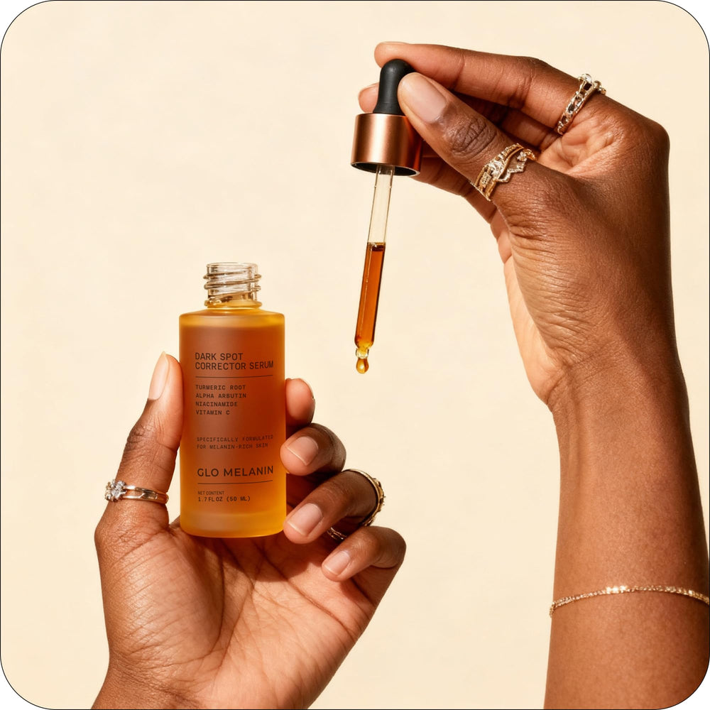 Glo Melanin serum on morning vanity with towel suggests routine-friendly care.