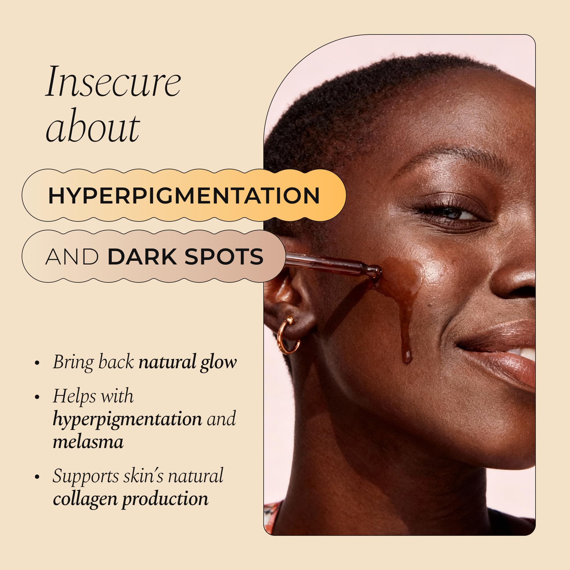 Glo Melanin serum label close-up highlights key brightening ingredients like kojic and niacinamide.