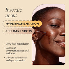 Glo Melanin serum label close-up highlights key brightening ingredients like kojic and niacinamide.