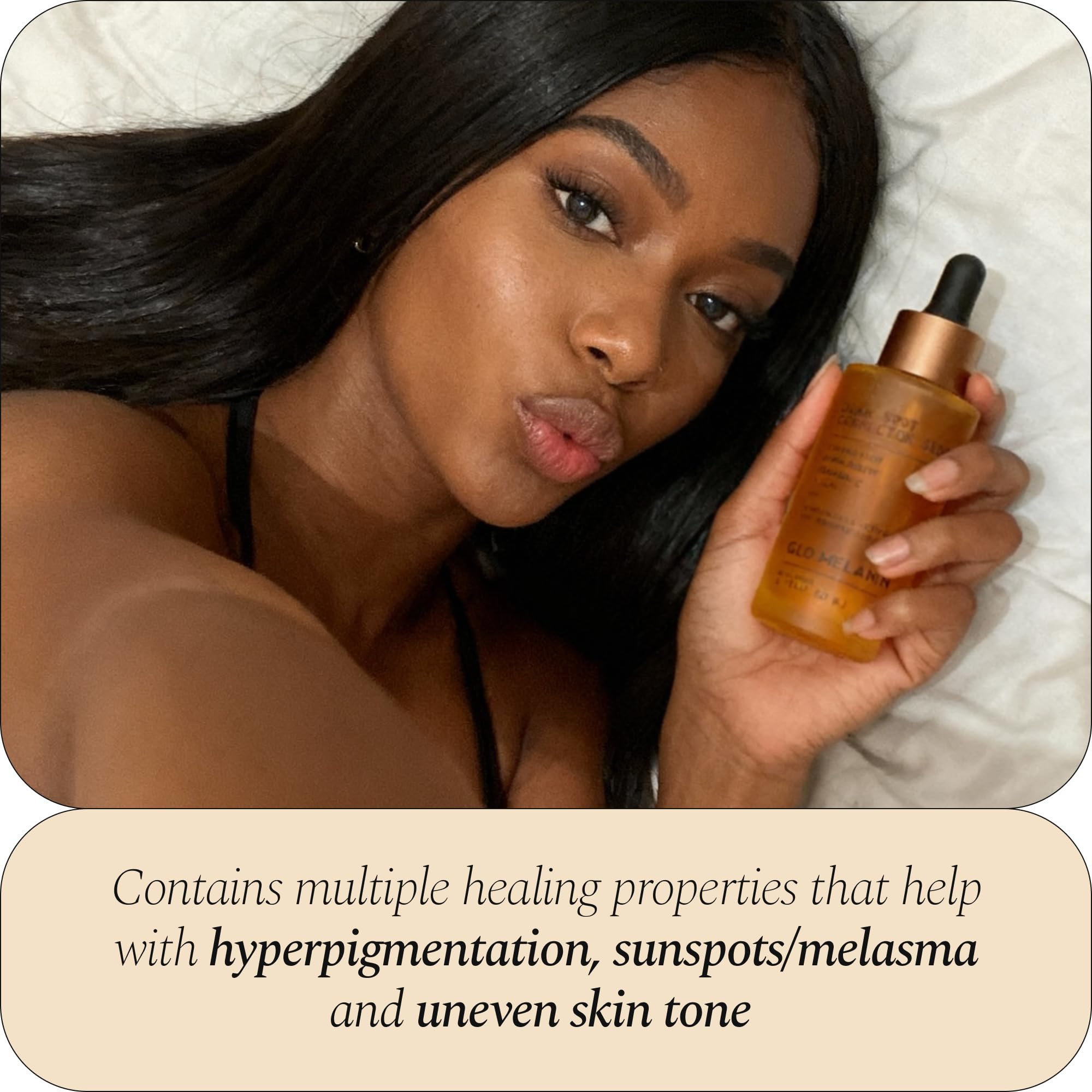 Glo Melanin serum texture on skin hints at refreshing feel.