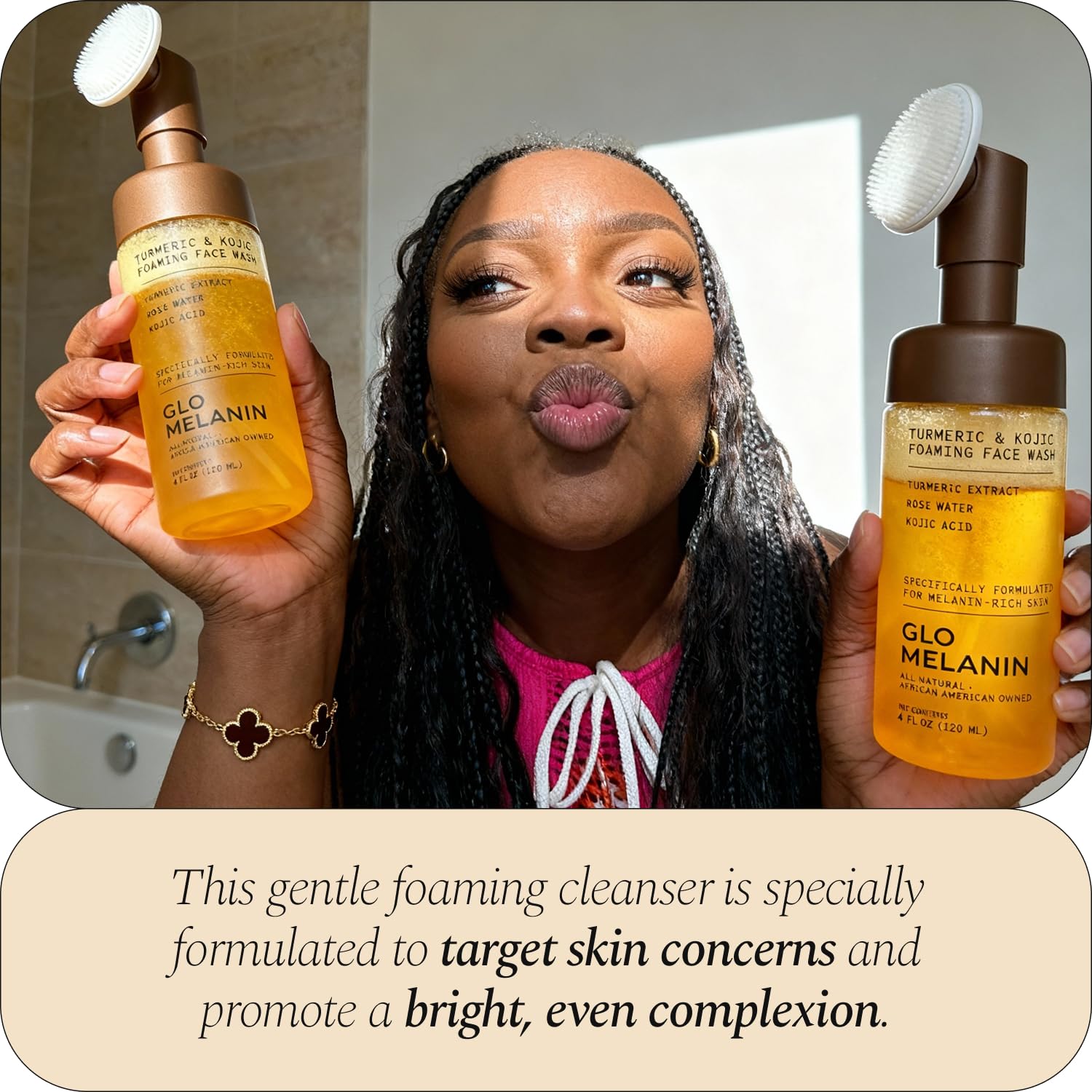 Glo Melanin turmeric-kojic wash displayed on a vanity for daily routine.