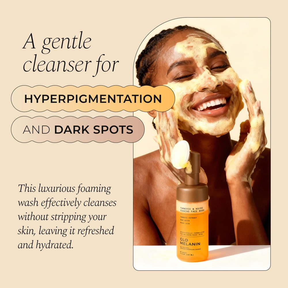 Glo Melanin foaming wash with scrubber top for smooth cleansing on face and neck.