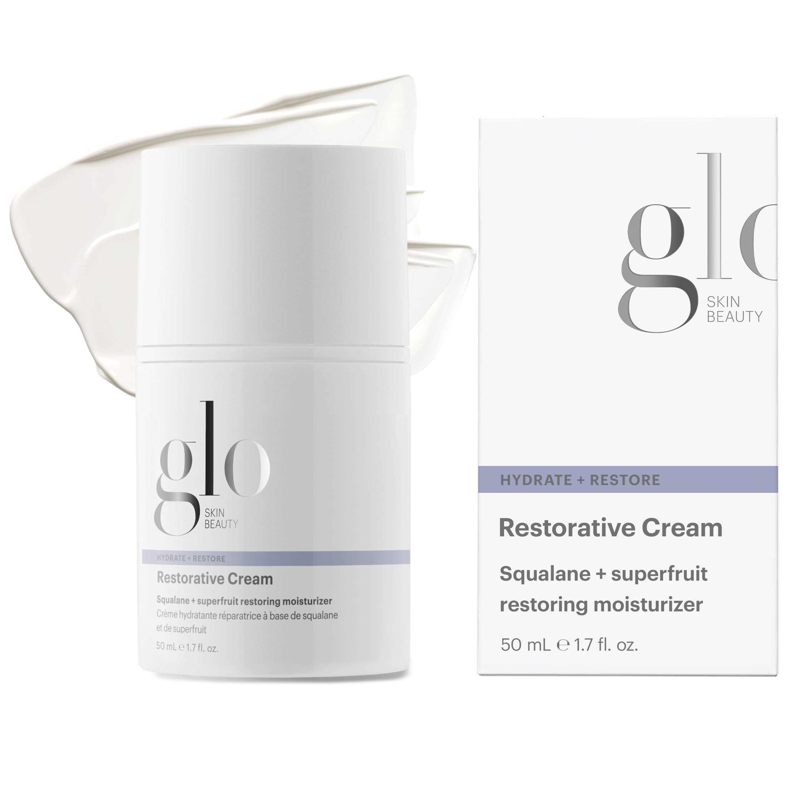 Glo Skin Beauty Restorative Cream jar closeup showing rich hydration for dry skin