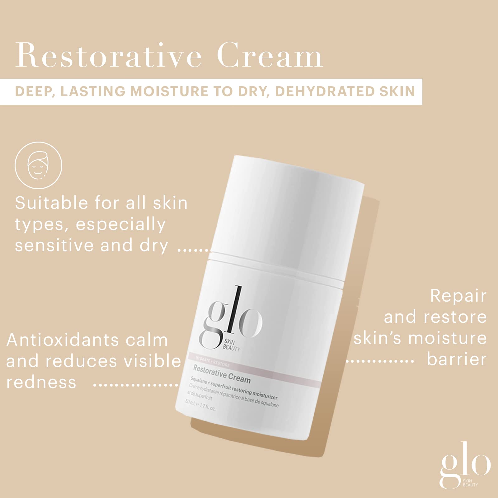 Glo Skin Beauty Restorative Cream jar front with luxurious moisturizing formula