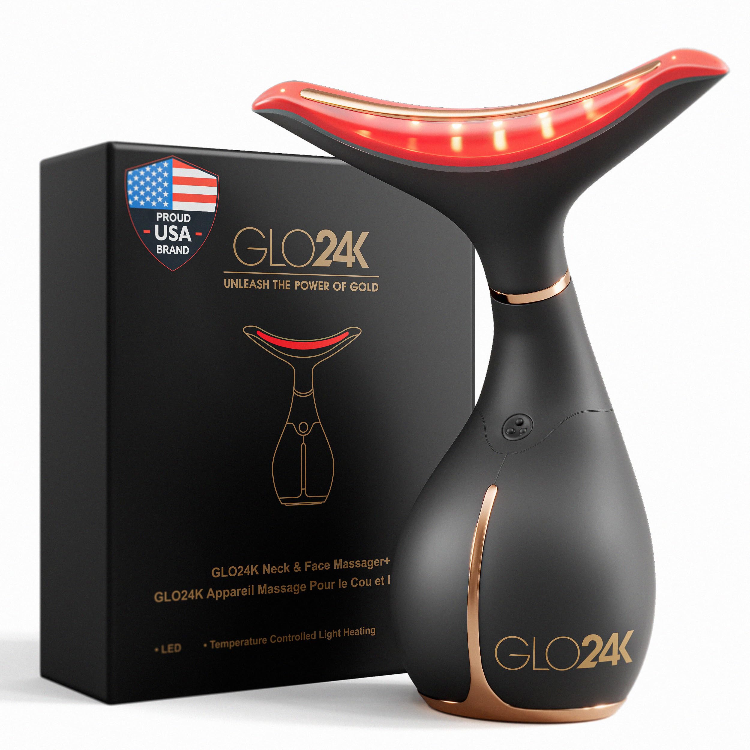 GLO24K red-light face and neck device for daily skin refresh and contouring use.