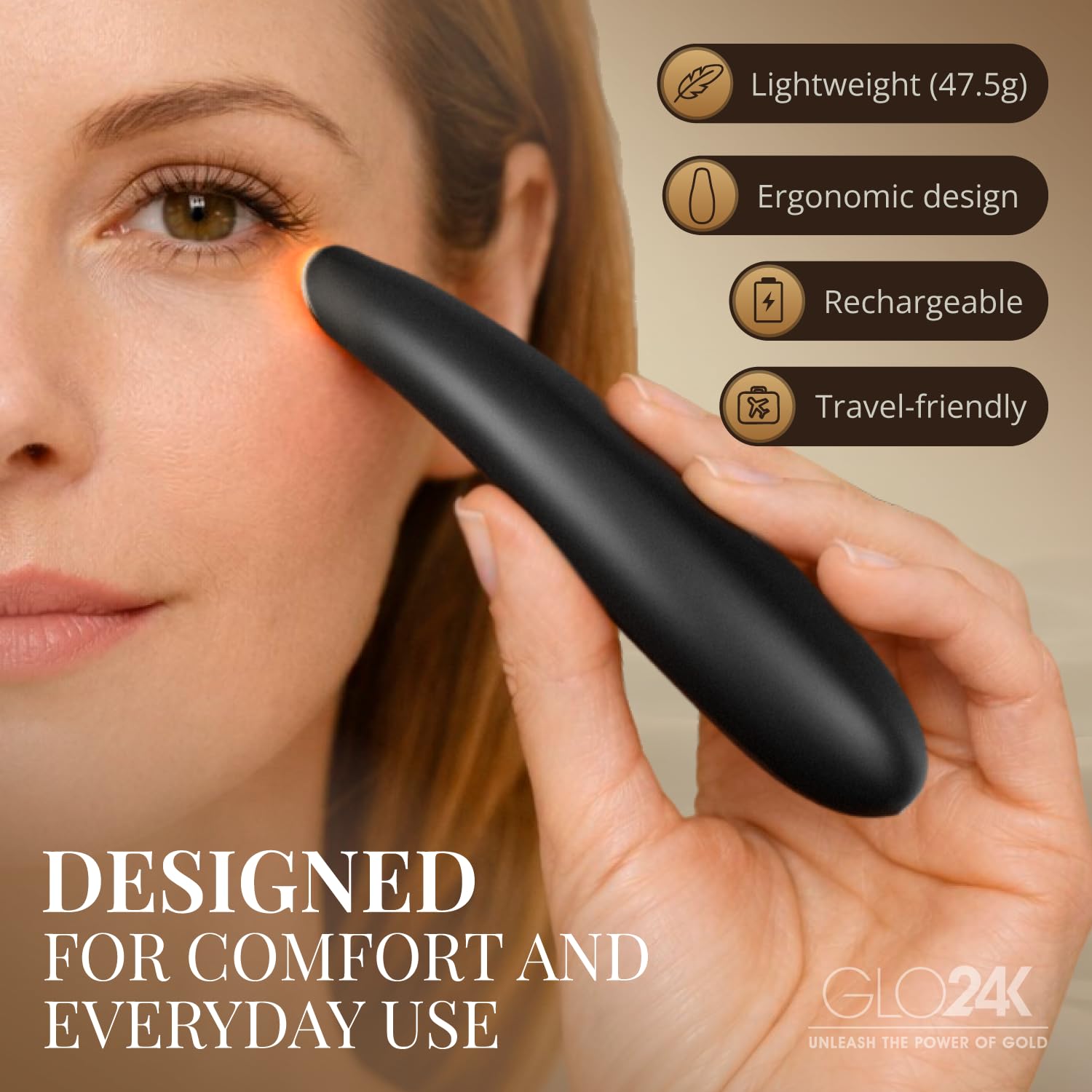 GLO24K spa-like home massage for rested-looking eyes.