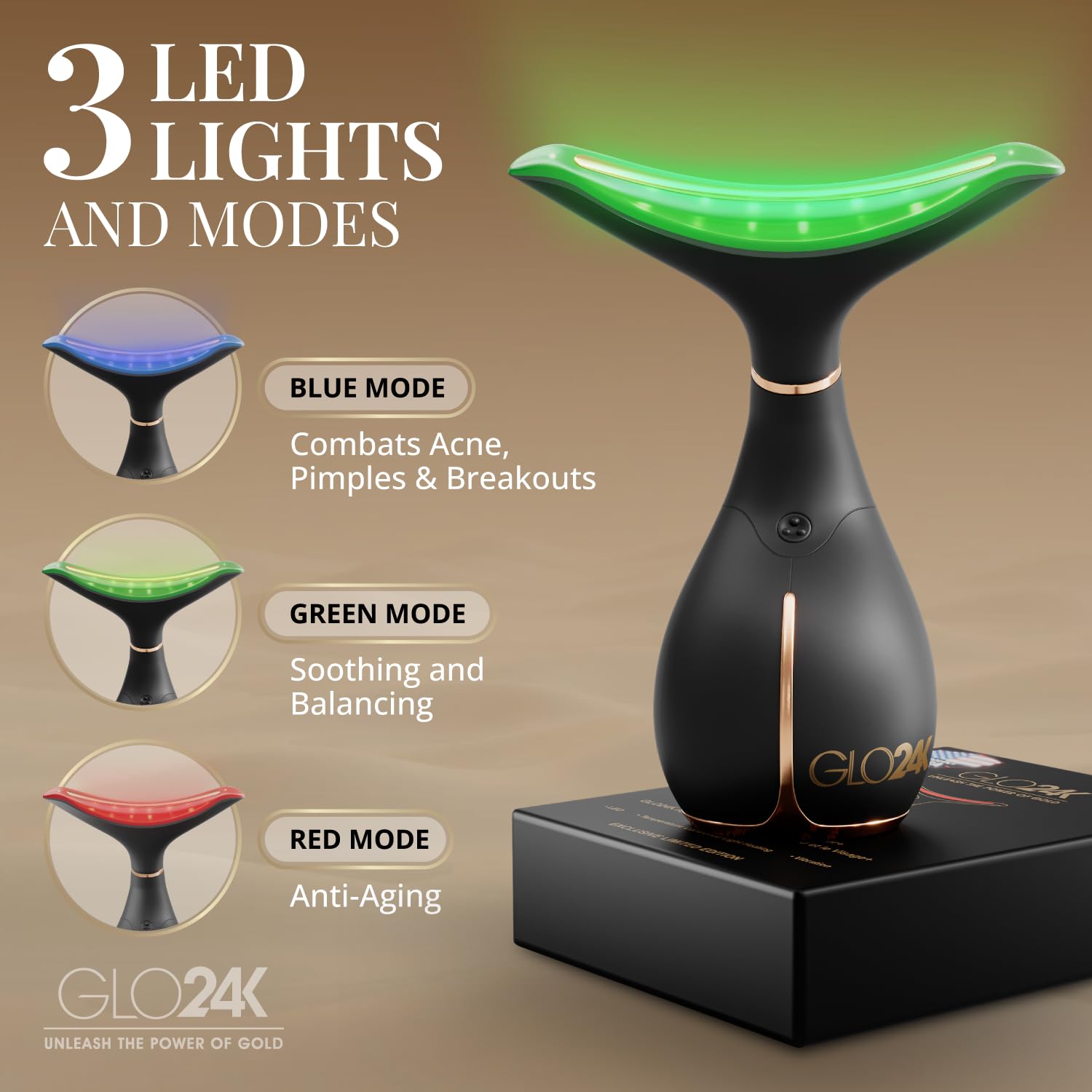 GLO24K triple-mode red light massager with gentle vibration for enhanced absorption.