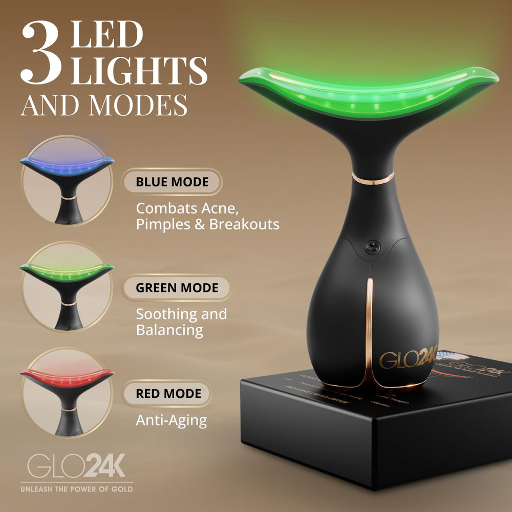 GLO24K triple-mode red light massager with gentle vibration for enhanced absorption.
