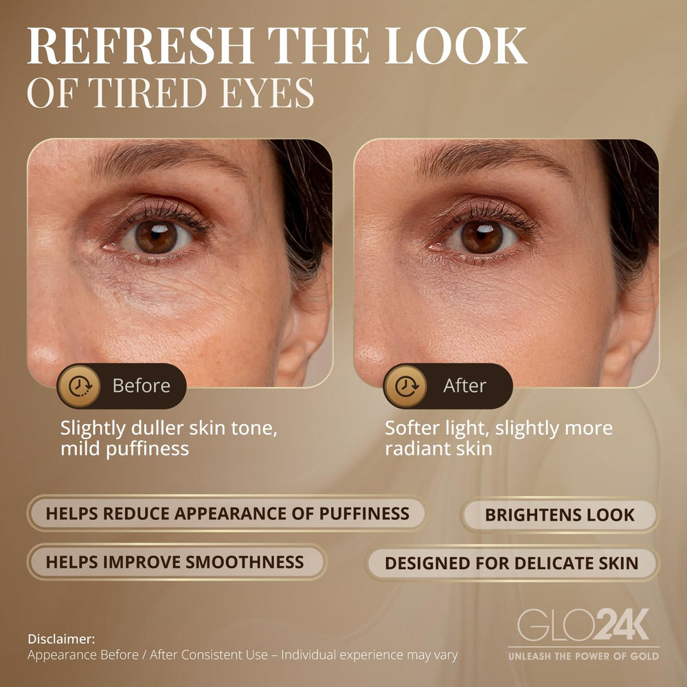 GLO24K under-eye puffiness improvement tool for smoother, awake-looking eyes.