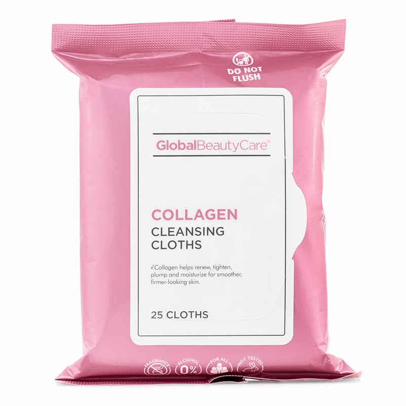 Global Beauty Care Collagen Cleansing Wipes being used to remove makeup with a gentle, skin-friendly texture.