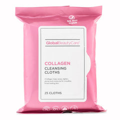 Global Beauty Care Collagen Cleansing Wipes being used to remove makeup with a gentle, skin-friendly texture.