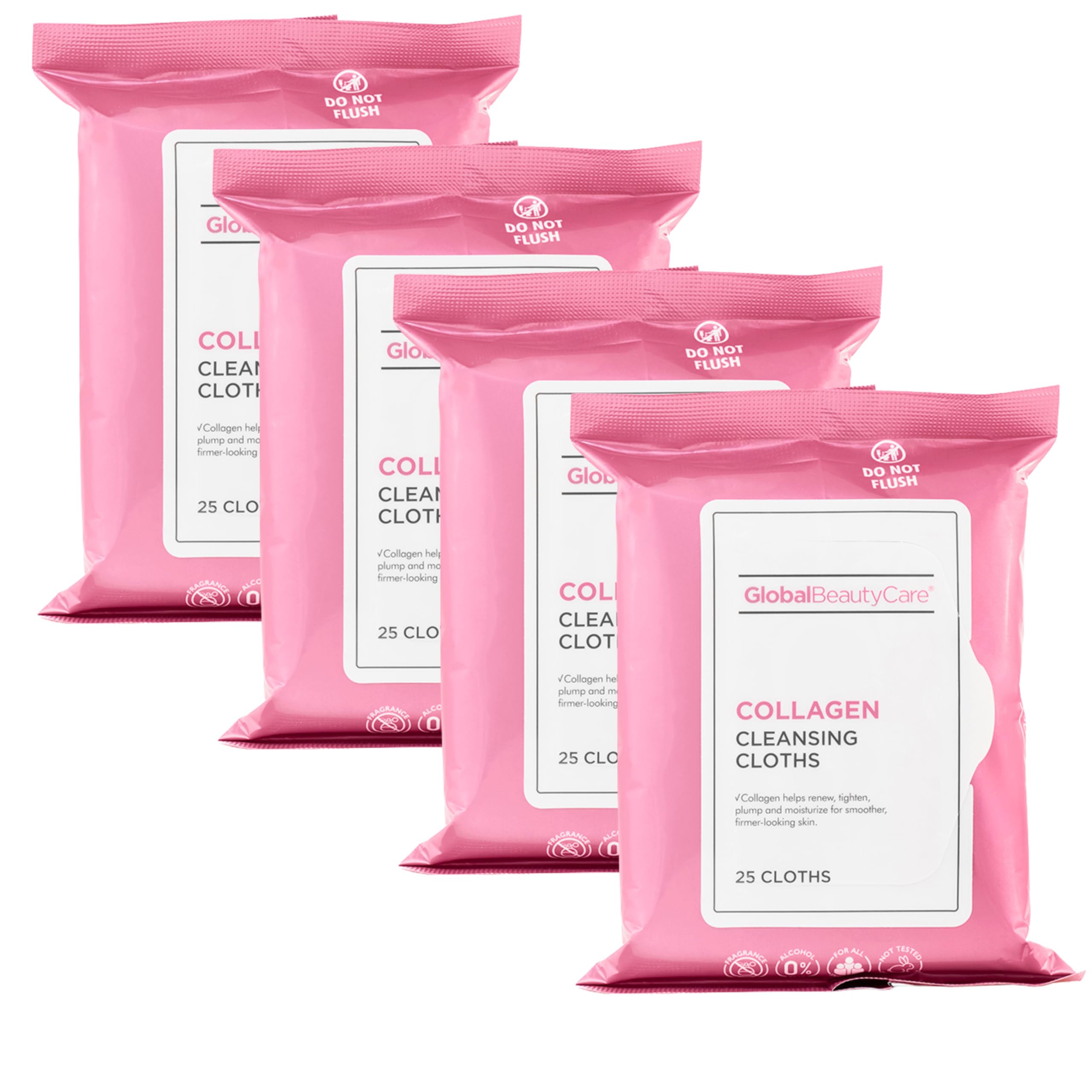 Global Beauty Care Collagen Cleansing Wipes packaging showcasing the 100-count box and four-pack design for easy travel and daily use.