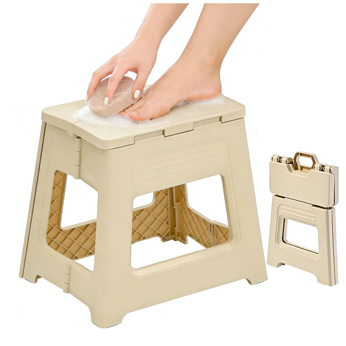 Glooyoderr foldable shower stool folds flat for easy storage.
