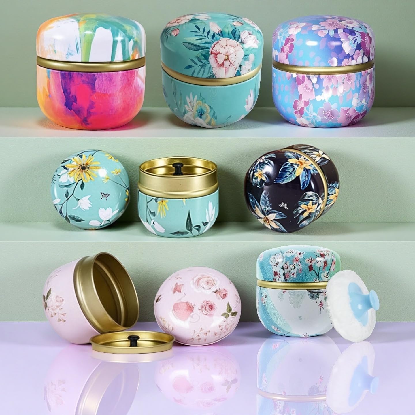 Glooyoderr multiuse powder container with puff supports simple organization.