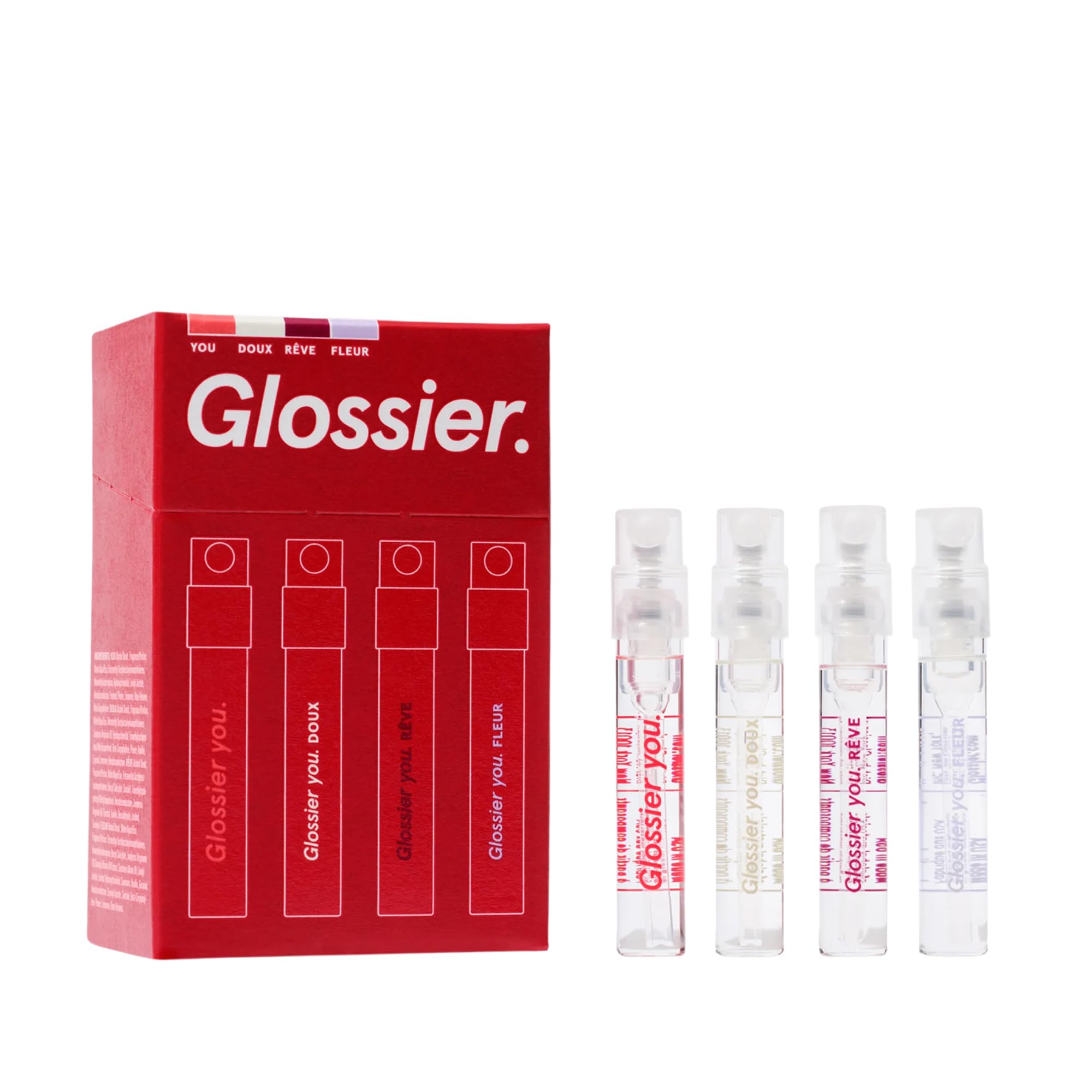 Glossier You mini wardrobe packaging showcases a travel gift set.