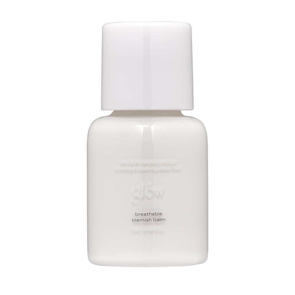 Glow mini blemish balm white bottle with pump demonstrates lightweight coverage